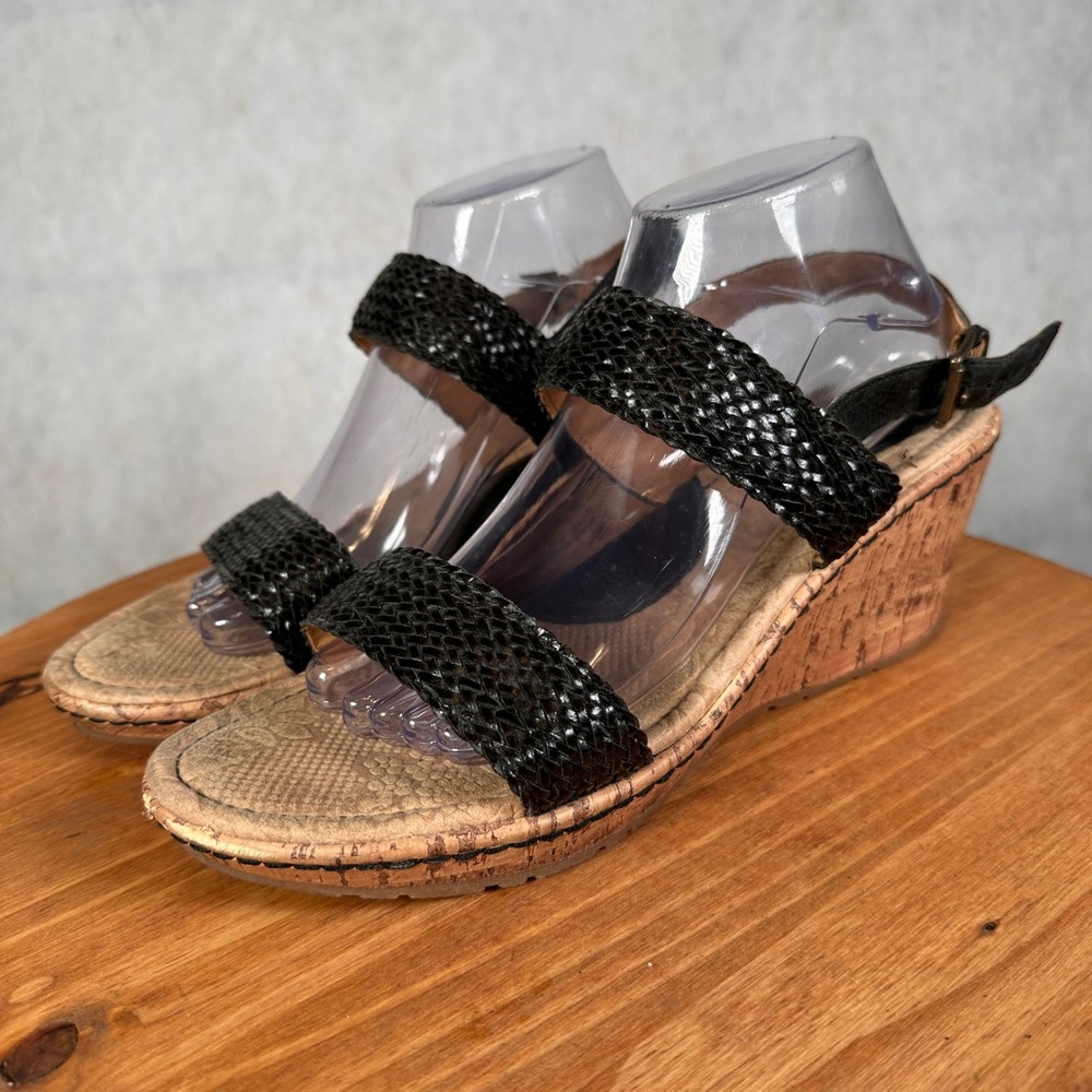 b.o.c. Wedge Sandals Women 11 Black Good Woven Slingback Cork Z12009 CIC16
